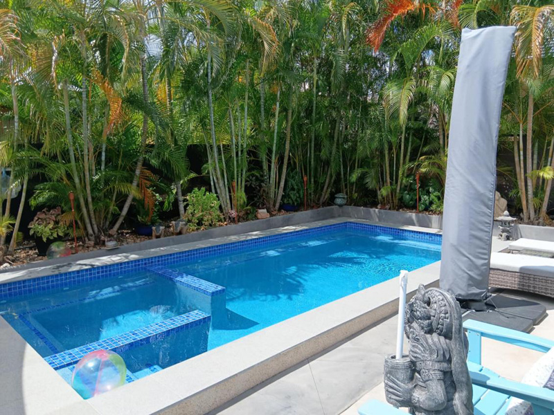 Bright blue pool with a raised tiled spa section, palm garden and stone statue